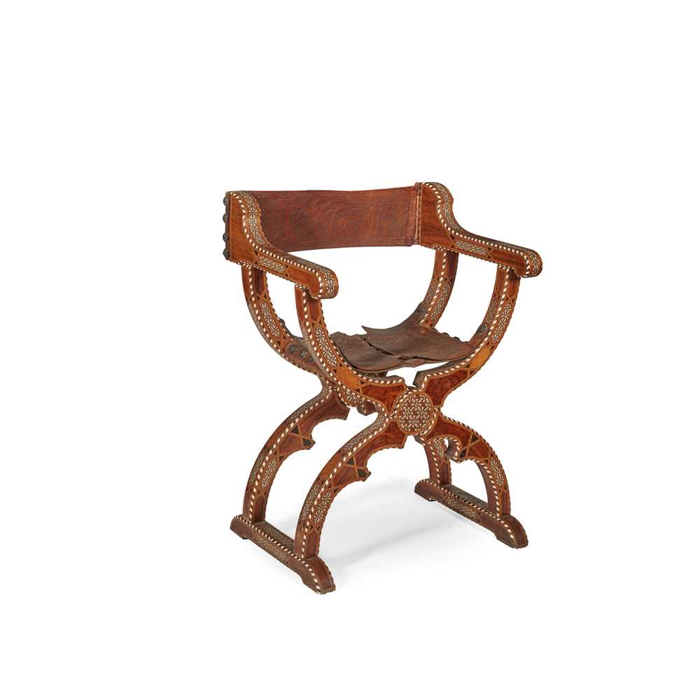 Appraisal: SYRIAN BURR WOOD BONE AND PARQUETRY SAVONAROLA CHAIR TH CENTURY