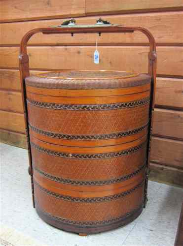 Appraisal: CHINESE TRIPLE-TIERED BASKET of cylindrical form woven with split bamboo