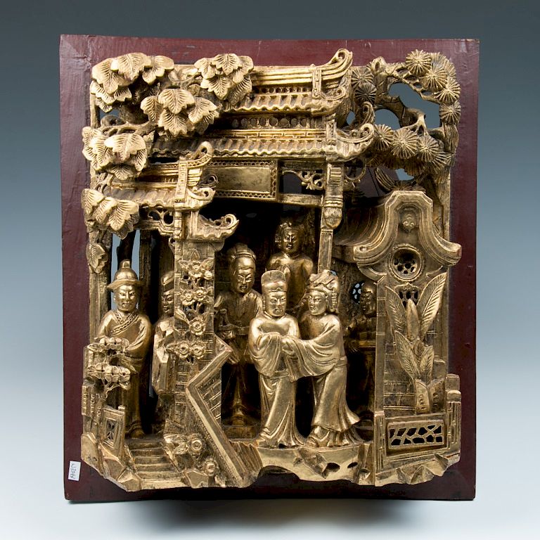 Appraisal: GILT 'OPERA FIGURES' CARVED WOOD PANEL Carved in relief depicting