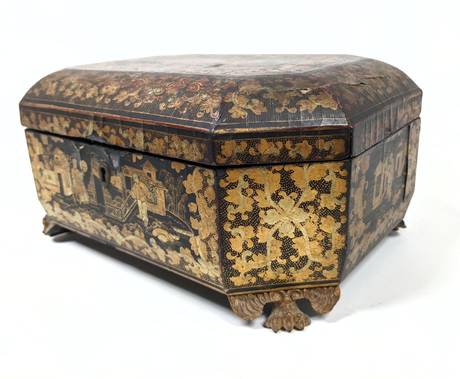 Appraisal: Lacquered Papier Mache Lidded Box Vintage Octagonal Box Floral and