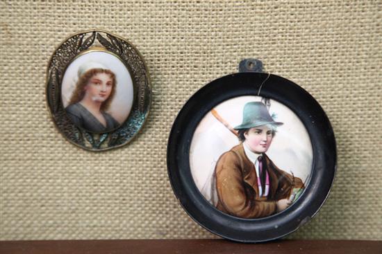 Appraisal: TWO MINIATURE PORTRAITS ON PORCELAIN Quarter length portrait of a