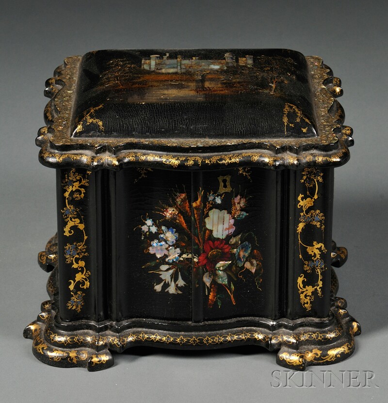 Appraisal: Victorian Mother-of-pearl-inlaid and Lacquered Necessaire England mid- th century casket-form