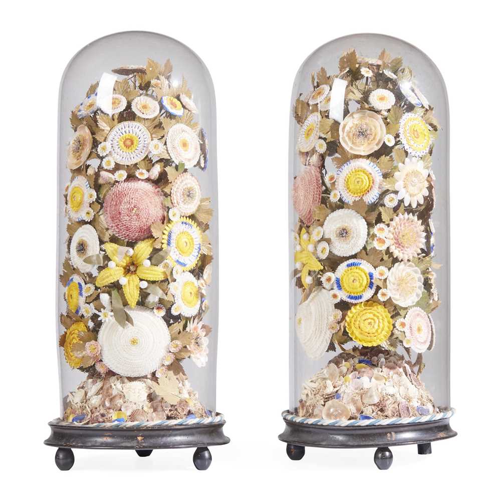 Appraisal: PAIR OF VICTORIAN CASED SHELL-WORK FLOWER ARRANGEMENTS TH CENTURY the