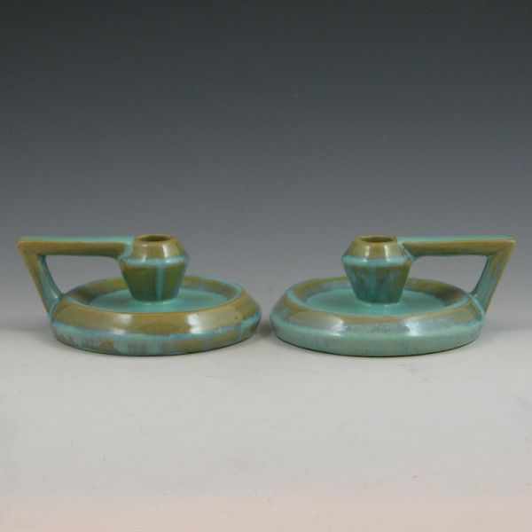 Appraisal: Pair of Fulper Arts Crafts candleholders with angled handles One