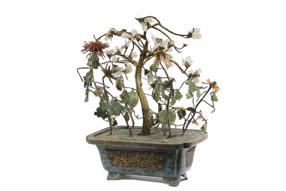 Appraisal: CHINESE CLOISONNE PLANTER W JADE TREE - Late th c