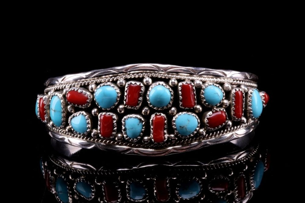 Appraisal: Navajo Kanteena Silver Turquoise Coral Bracelet Featured in this lot