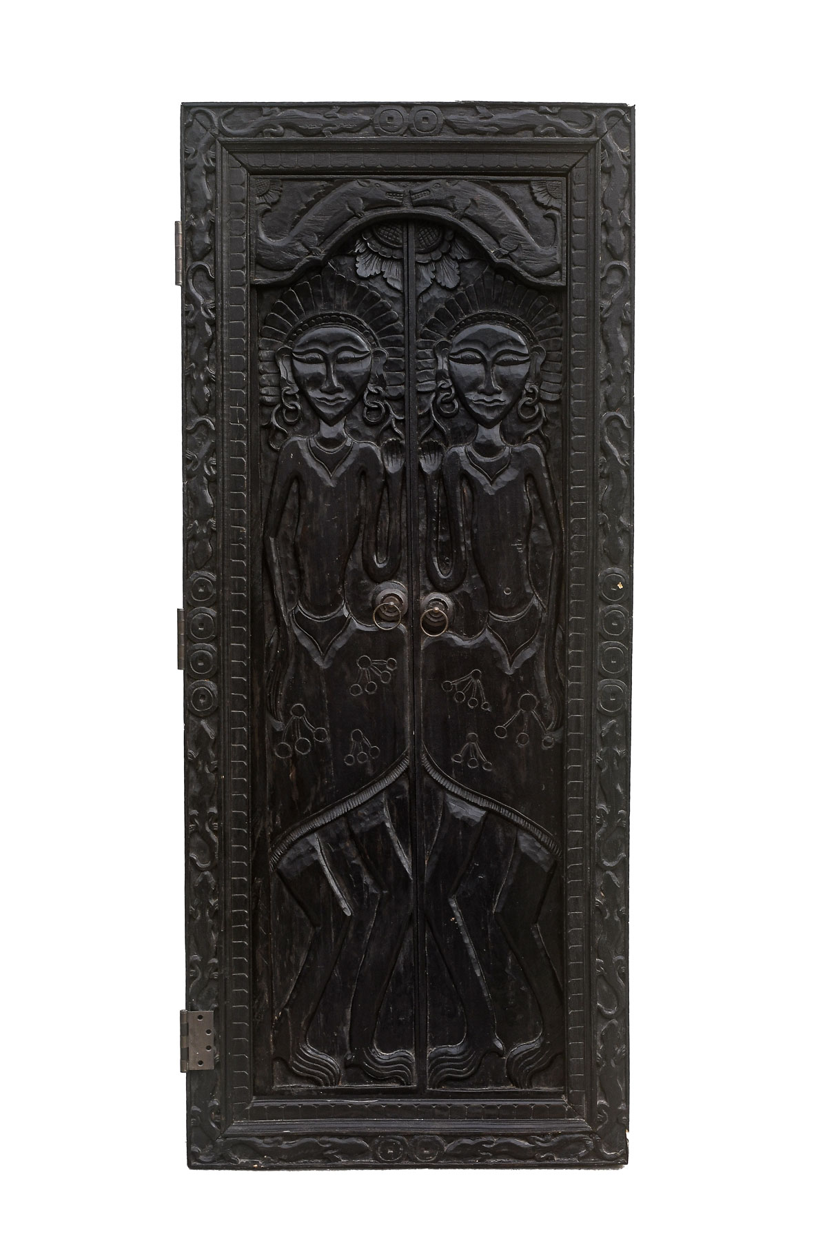 Appraisal: EBONIZED CARVED FIGURAL DOOR WITH FRAME Having inset dowel-hinged panels