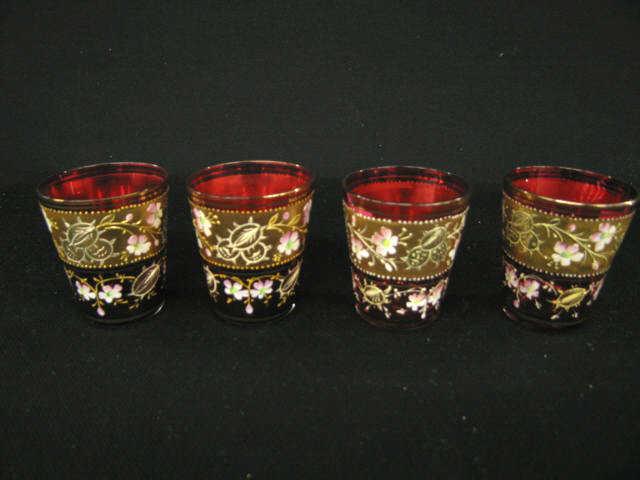 Appraisal: Moser Cranberry Art Glass Tumblers gold encrusted enameled tall excellent