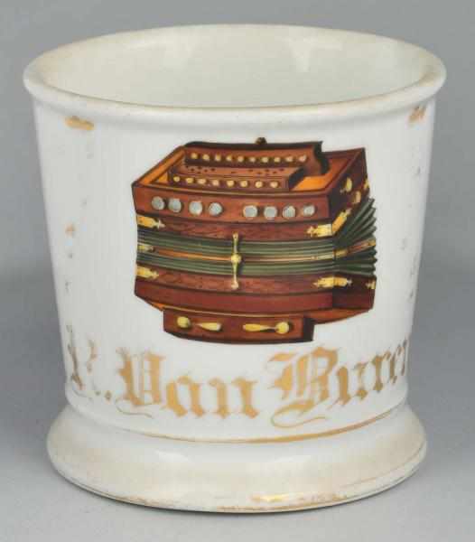 Appraisal: Accordion Shaving Mug Description Gilt name R Van Buren Scene