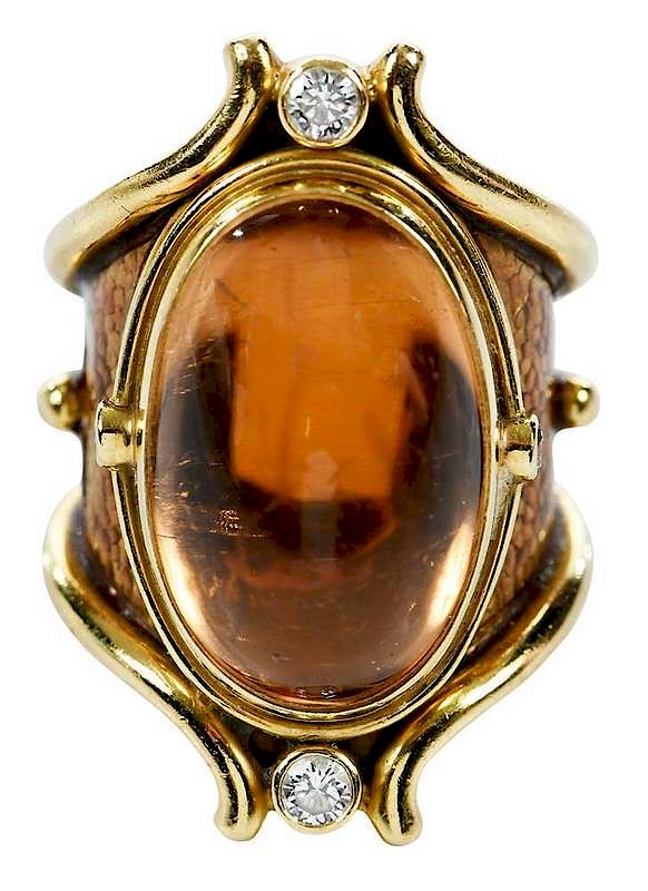 Appraisal: Elizabeth Gage kt Gold and Gemstone Ring center oval cabochon