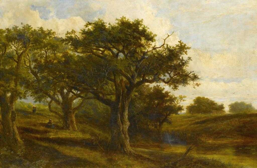 Appraisal: ENGLISH SCHOOL TH CENTURY WOODED LANDSCAPE WITH FIGURES x cm