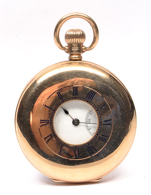 Appraisal: AN CT GOLD HALF HUNTER POCKET WATCH with top wind