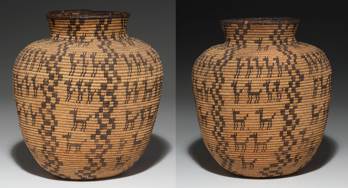 Appraisal: Exceptional Apache basketry olla large and broad form with polychrome