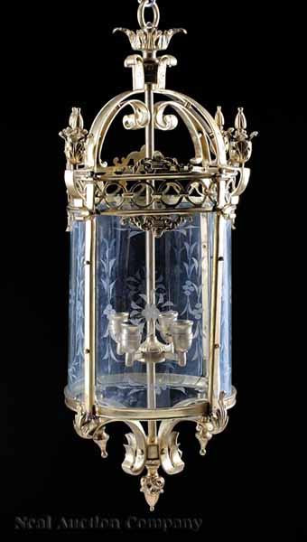 Appraisal: A Pair of Georgian-Style Gilt Bronze and Etched Glass Lanterns