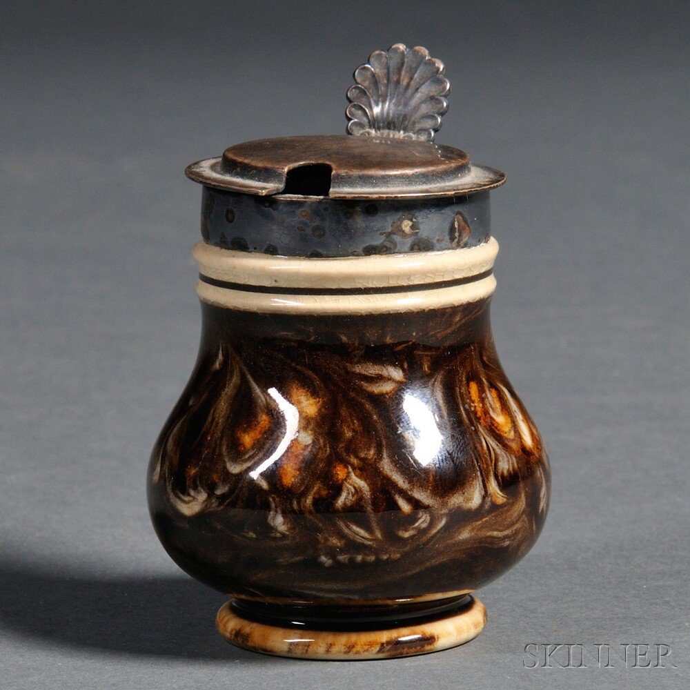 Appraisal: Silver-mounted Mochaware Mustard Pot England early th century baluster-form with