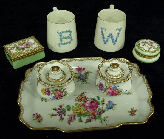 Appraisal: A modern Dresden floral inkstand and pen tray with two