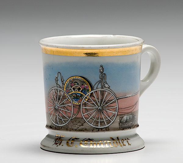 Appraisal: OCCUPATIONAL SHAVING MUG WITH FIRE HOSE WAGON porcelain with polychrome