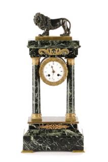 Appraisal: French Empire Green Marble Portico Clock with Lion French th