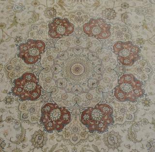 Appraisal: Persian silk carpet with main red border centre with flower