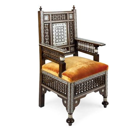 Appraisal: Syrian Bone and Mother-of-Pearl Inlaid Hardwood Armchair Estimate -