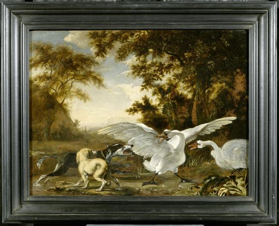 Appraisal: HONDIUS ABRAHAM DANIELSZ Rotterdam - London Two swans threatened by