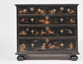 Appraisal: QUEEN ANNE STYLE BLACK AND GOLD CHINOISERIE CHEST OF DRAWERS