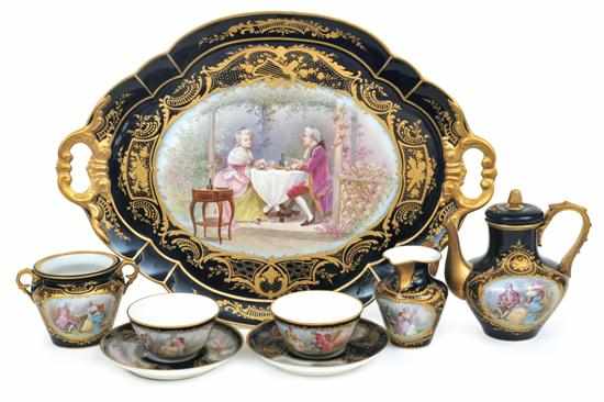 Appraisal: A Sevres style porcelain scenic tea set Signed Lucot late