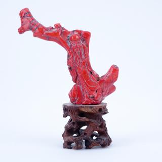 Appraisal: Antique Chinese Red Coral Buddha Carving Mounted on Wooden Stand