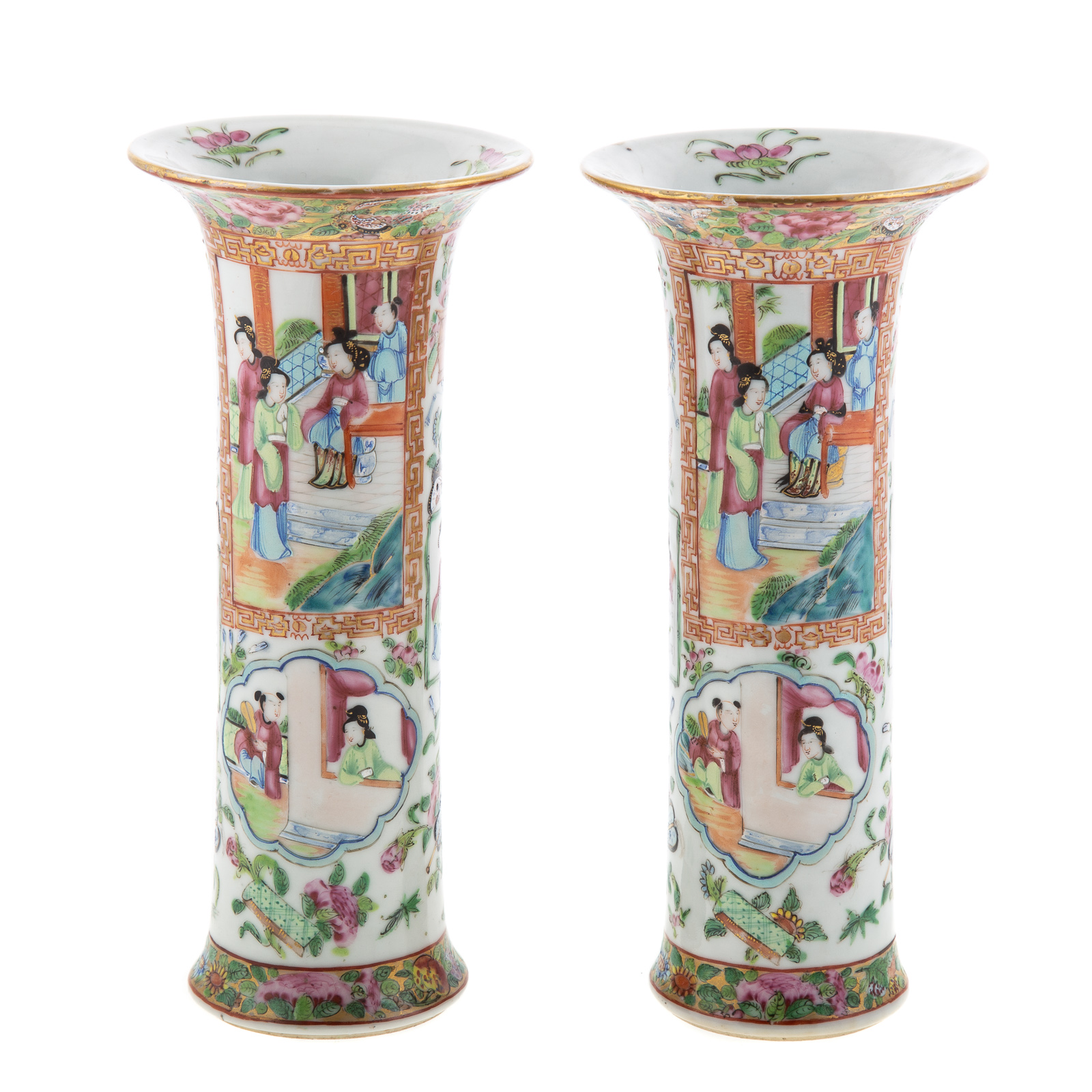 Appraisal: PAIR CHINESE EXPORT ROSE MANDARIN TRUMPET VASES Circa - for