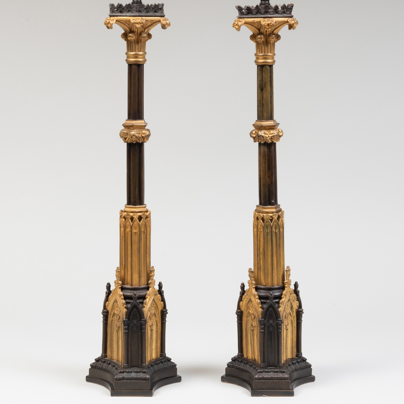 Appraisal: Pair of Neo-Gothic Parcel-Gilt Bronze Columnar Lamps x x in