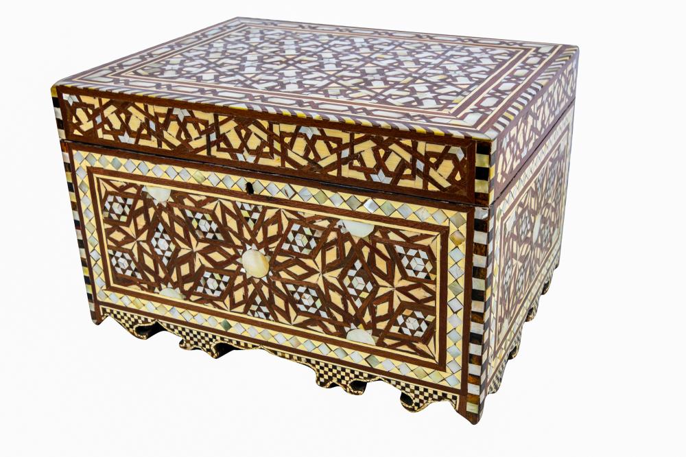 Appraisal: MOORISH STYLE BONE-INLAID TABLE BOXthe open interior lined with red