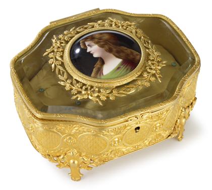 Appraisal: French gilt metal glass and porcelain mounted jewelry casket late