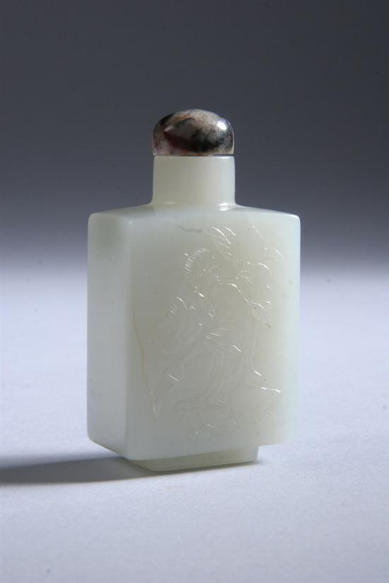 Appraisal: CHINESE LIGHT CELADON JADE SNUFF BOTTLE Of rectangular-form carved in