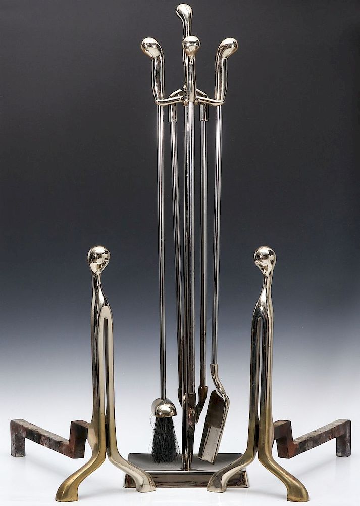 Appraisal: A MODERNIST FIREPLACE SET VIRGINIA METALCRAFTERS The Calibre tool stand