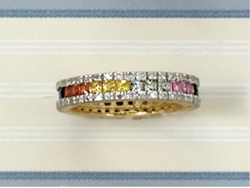 Appraisal: ETERNITY RING Set with multi-color sapphires and diamond borders Size