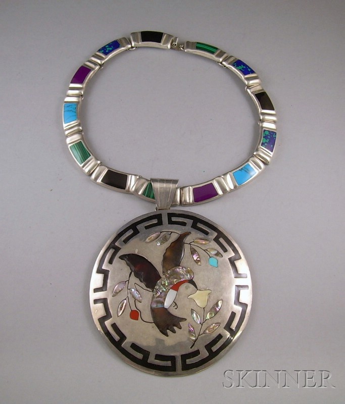 Appraisal: Sterling Silver and Inset Stone Zuni Necklace depicting a bird