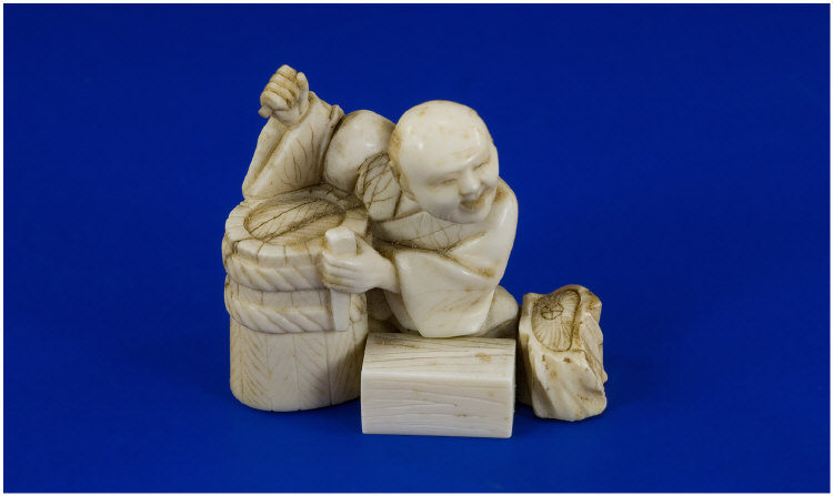 Appraisal: Small Ivory Figure Japanese Early Twentieth Century Basket Weaver inches