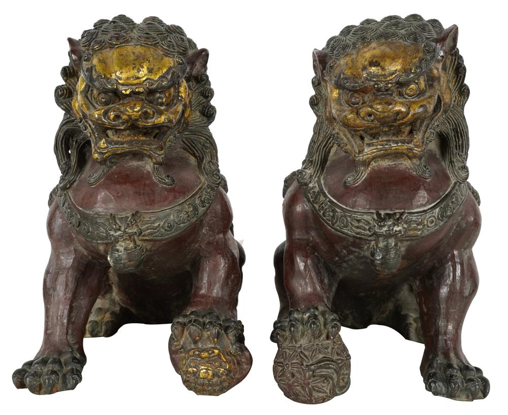 Appraisal: PAIR OF CHINESE GILT BRONZE FOO LIONSwith red patination inches