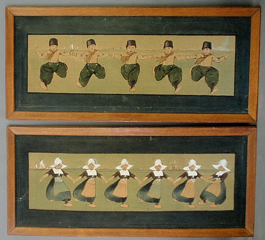 Appraisal: Pair of panels of dancing Dutch boys and girls painted