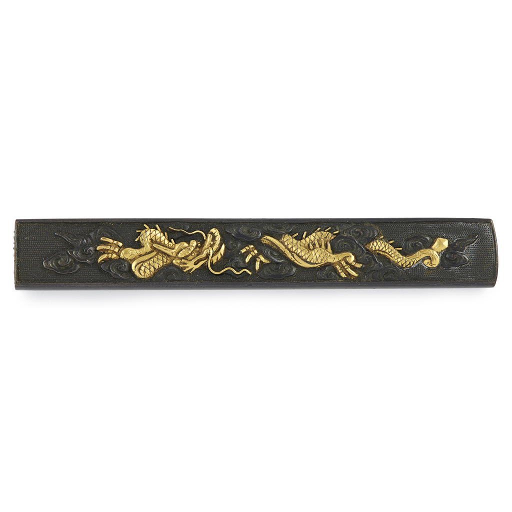 Appraisal: PARCEL-GILT SHAKUDO KOZUKA MEIJI PERIOD overlaid on a shakudo nanako