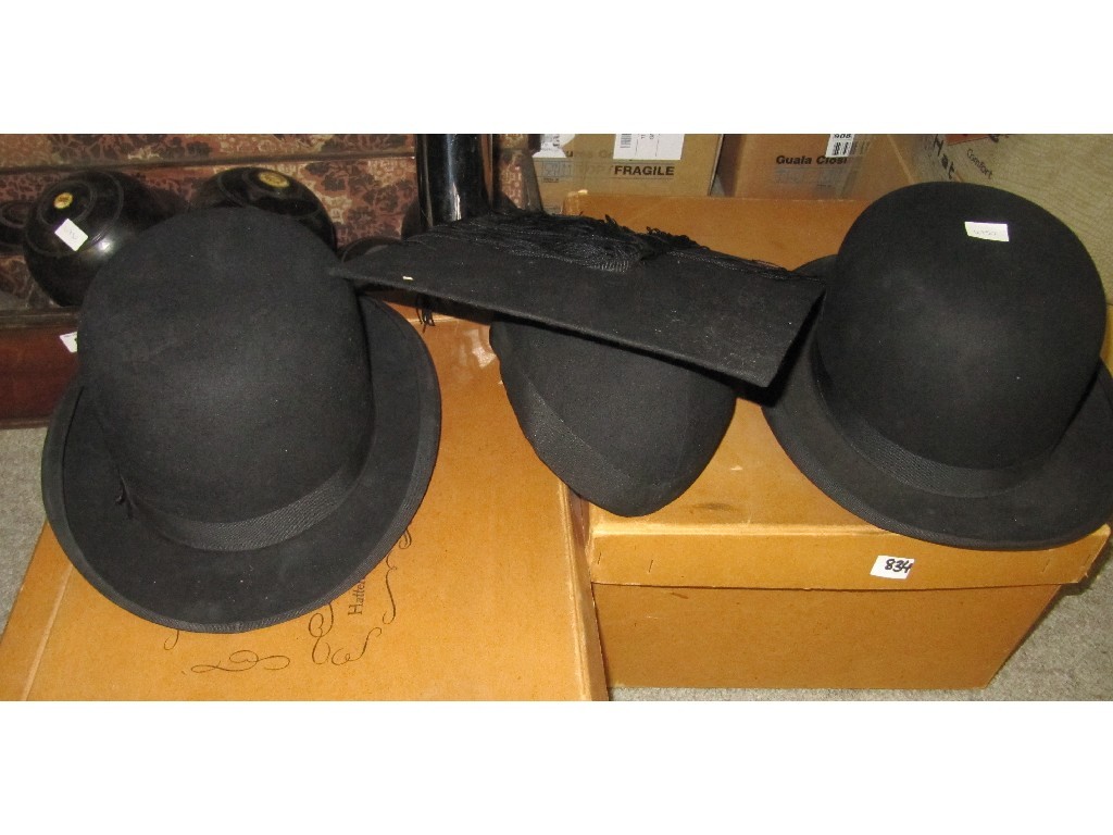 Appraisal: Lot comprising three bowler hats mortar board and a grey