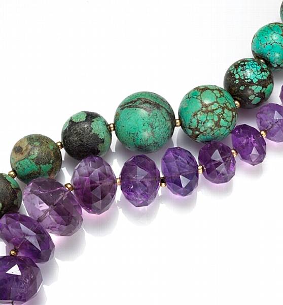 Appraisal: Two amethyst turquoise k gold and silver bead necklaces lengths