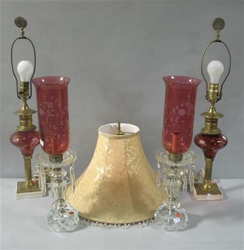 Appraisal: PAIR OF CRYSTAL CANDELABRA AND A PAIR OF LAMPS The