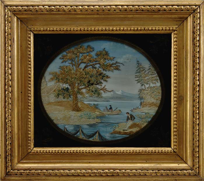 Appraisal: OUTSTANDING EARLY TH CENTURY NEEDLEPOINT AND WATERCOLOR PICTURE Depicts a