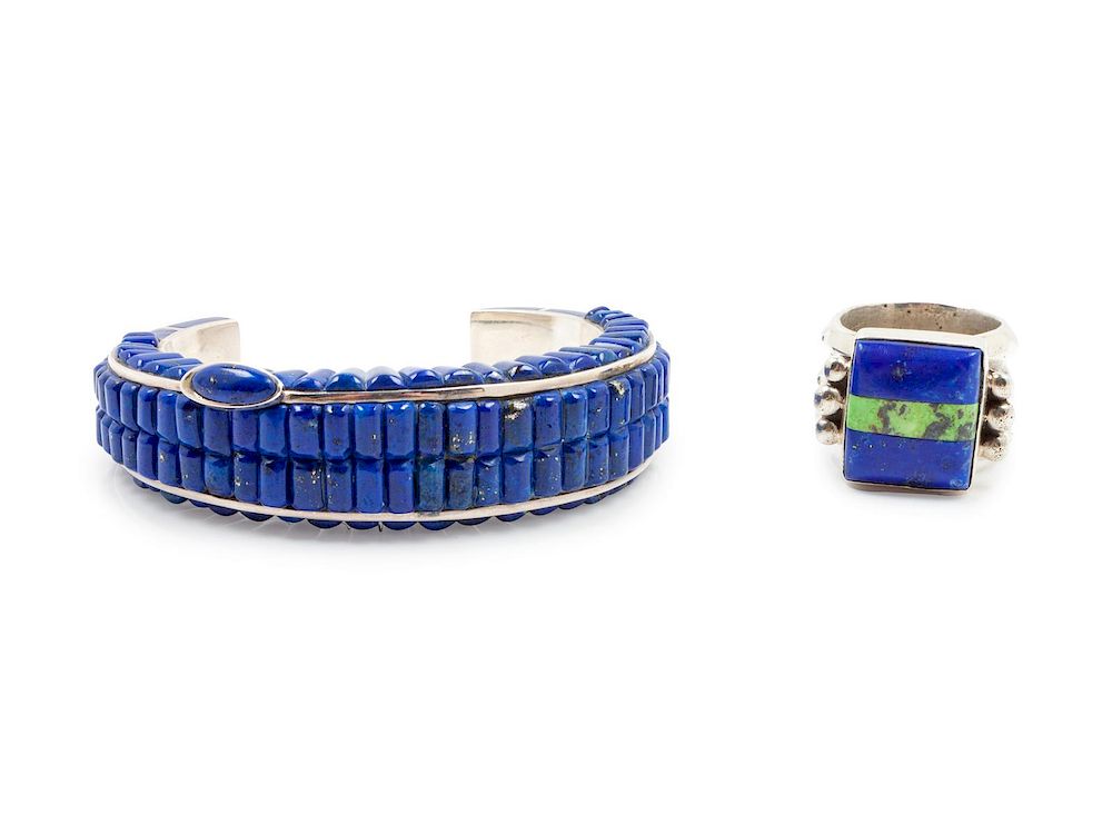 Appraisal: Uniquely Styled Lapis Cuff with Lapis and Turquoise Ring bracelet