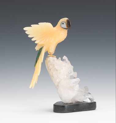 Appraisal: A Carved Gemstone Bird on Quartz Comprised of several stones