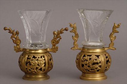 Appraisal: TWO SIMILAR CHINOISERIE ENGRAVED GLASS AND GILT-METAL VASES Each angular