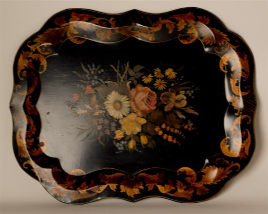 Appraisal: A Large Tole Painted Tray having a shaped edge with