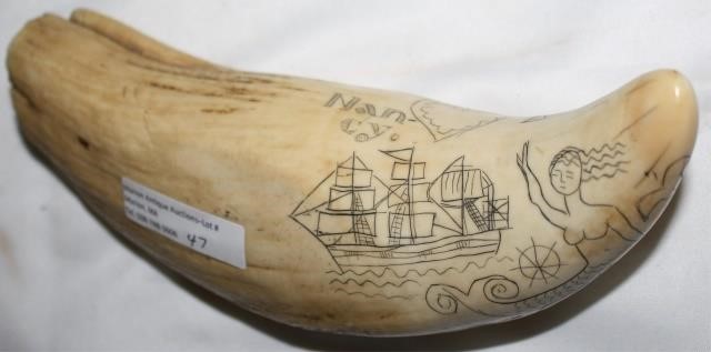 Appraisal: TH CENTURY SCRIMSHAWED TOOTH WITH MODERNWHALE S TOOTH DEPICTING A