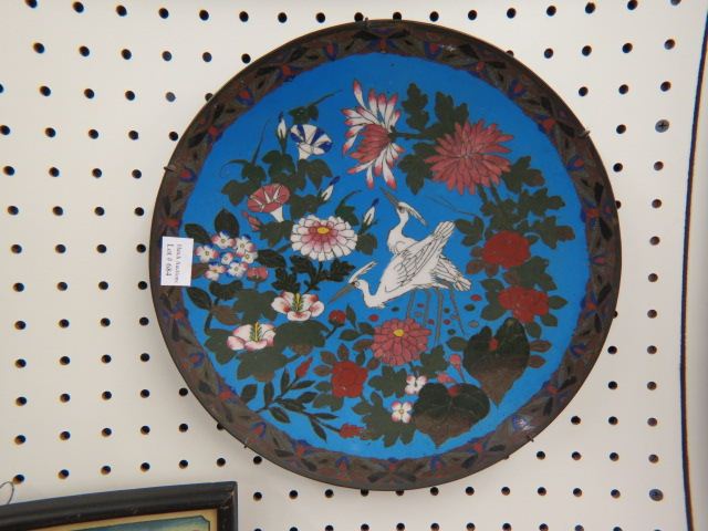 Appraisal: Japanese Cloisonne Charger crane floral design blue field diameter circa